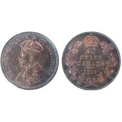 1911 10¢ ICCS MS64.  Intense Bluish to red tones.