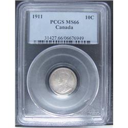 1911 10¢ PCGS MS66.  Gem fields and lustre.