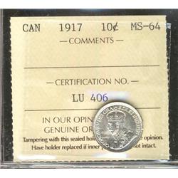 1917 10¢ ICCS MS64, brilliant and lustrous
