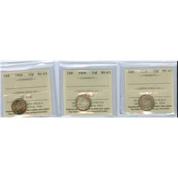 1919, 1928 and 1966.  Lot of 3 ICCS graded 10¢ coins, all MS63.