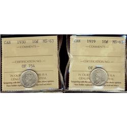 1919, 1930 10¢ both ICCS MS63,