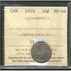1919 10¢ ICCS MS64PQ, superbly toned.