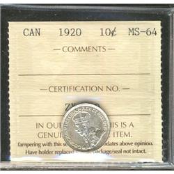 1920 10¢ ICCS MS64, brilliant and lustrous