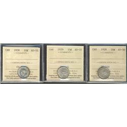 1928 10¢ AU50, 1929 AU55 & 1938 AU50.  Lot of 3 ICCS coins.