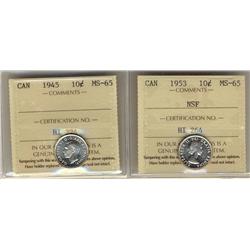 1945 & 1953 NSF 10¢ ICCS MS65.  Lot of 2 coins both full white and lustrous.