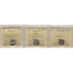 1945, 1953 NSF & 1955 10¢ ICCS MS65.  Lot of 3 coins all full white and lustrous.