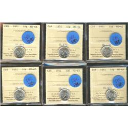 1951 10¢ ICCS MS63, MS64(3) 7 MS65(2).  Lot of 6 Dbl date examples.  Variation not designated on hol