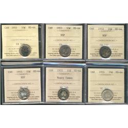 1951 10¢, 1953 NSF(3), 1955 Hvy Cam & 1955.  Lot of 6 coins.