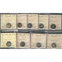 1957 10¢(4), 1958, 1959 & 1960(2) ICCS PL65 along with 1958 PL63.  Lot of 9 coins all ICCS graded.