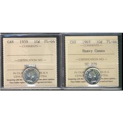 1959 & 1963 10¢ ICCS PL66.  Lot of 2 coins with the 1963 designated Heavy cameo.