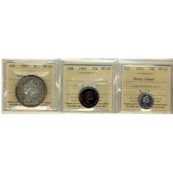 1965 10¢, 25¢ & $1 SmBds ICCS MS65.  Lot of 3 coins all gems. The 10¢ is designated Heavy Cameo.