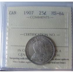 1907 25¢ ICCS MS64.  Attractive tones and lustre.