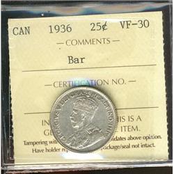 1936 Bar 25¢ ICCS VF30, brilliant and lustrous