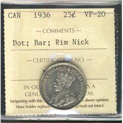 1936 25¢ Dot/bar ICCS VF20.  Designated with rim Nick.