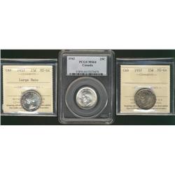 1937, 1943 & 1953 LD 25¢ ICCS MS64.  Lot of 3 coins.