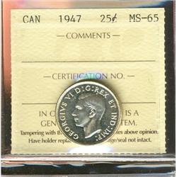 1947 25¢ ICCS MS65, rare this nice.  Underrated.