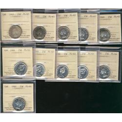 1957 25¢(3), 1960(2), 1966(3) & 1967 ICCS PL65 along with 1960 PL64(2).  Lot of 11 coins.