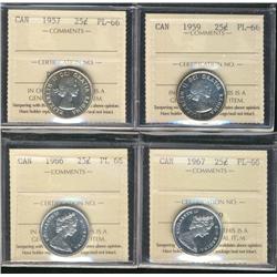 1957, 1959, 1966 & 1967 25¢ ICCS PL66.  Lot of 4 coins.