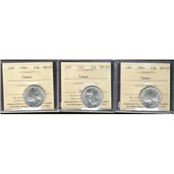 1961 25¢ ICCS MS65 Cameo.  Lot of 3 coins.