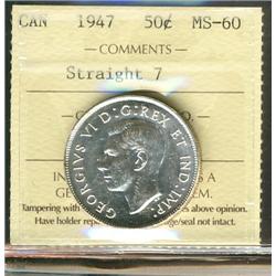 1947 St.7 left 50¢ ICCS MS60, brilliant