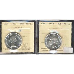 1948 & 1953 LD NSF 50¢ ICCS MS63.  Lot of 2 coins.