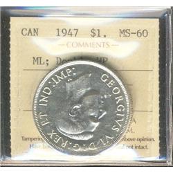 1947 $1 ML, Dbl HP ICCS MS60.