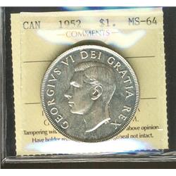 1952 SWL $1 ICCS MS64, rare this nice.  Unpriced in Trends.