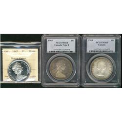 1964 $1 MS63, 1965 Type 2 MS64 & 1967 ICCS SP66 Heavy Cameo. Lot of 3 coins with first two being PCG