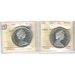 1965 $1 SmBds Ptd Heavy Cameo MS64 & LgBds Blt 5 PL64.  Lot of 2 ICCS coins.