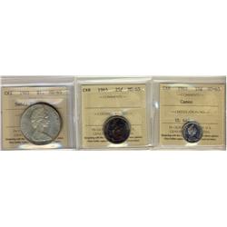 1965 10¢, 25¢ & 1965 $1 SmBds Ptd 5 ICCS MS65.  Lot of 3 coins both gems.  Dime is designated Cameo.