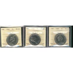 1968 $1 DHL#1 & DHL#2 ICCS MS65.  Lot of 3 coins, two type #2's.