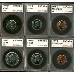 1999P 1¢ through to 50¢ all ACG MS67 except for 50¢ in MS66.  Includes 1¢(2).  6 coins in all which 