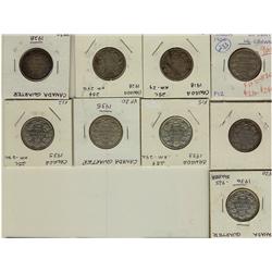 1906, 1918, 1928 (2), 1932, 1933, 1935 (2), 1936 25¢, F12 to VF20, 9 pieces.