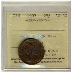 1907 25¢ ICCS AU50.  Intense gold and red shades.