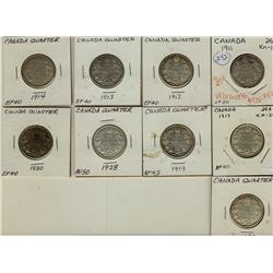 1911, 1912, 1913, 1914, 1917, 1919, 1928, 1930, 1932 25¢ .  Grades vary from VF20 to EF40, 9 pieces.