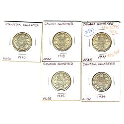 1911, 1918, 1920, 1934, 1935 25¢ EF40 to EF45, 5 pieces.