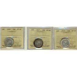 1913 25¢, 1917 & 1918 ICCS EF40.  Lot of 3 coins.