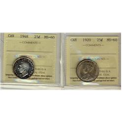 1920 & 1948 25¢ ICCS MS60.  Lot of 2 coins.