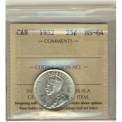 1932 25¢ ICCS MS64.  Lustrous white example.