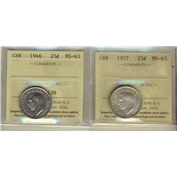 1937 & 1946 25¢ ICCS MS63.  Lot of 2 coins.