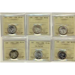 1937 25¢, 1940, 1941, 1946, 1952 LR & 1962 ICCS MS64.  Lot of 6 coins.