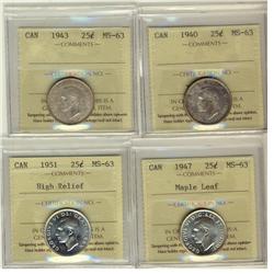 1940 25¢, 1943, 1947 ML & 1951 HR ICCS MS63.  Lot of 4 coins.