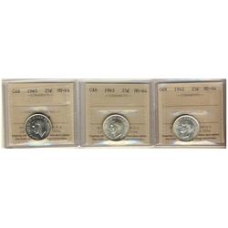 1942 25¢, 1943 & 1945 ICCS MS64.  Lot of 3 coins.