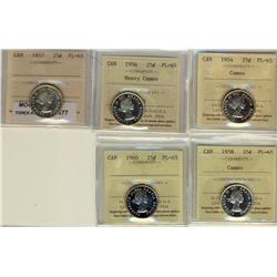 1954 25¢, 1956, 1957, 1958 & 1960 ICCS PL65.  Lot of 5 coins some with Cameo to Heavy Cameo designat