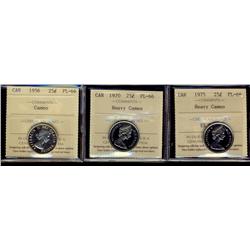 1956 25¢, 1970 & 1975 ICCS PL66.  Lot of 3 coins with designations of Cameo to Heavy Cameo.