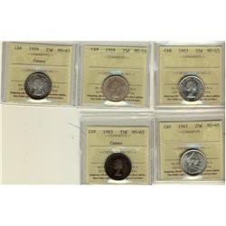 1957 25¢, 1958, 1959, 1963 & 1967 ICCS MS65.  Lot of 5 coins with 1595 and 1963 designated Cameo.