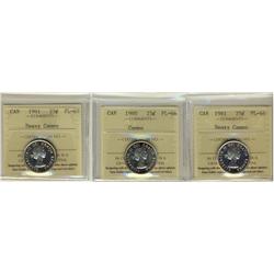 1960 & 1961 25¢ ICCS PL66 along with 1961 PL65.  Lot of 3 ICCS graded coins all Cameo to Heavy Cameo