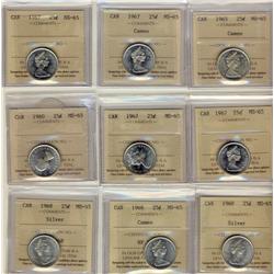 1960 25¢, 1965, 1967(4) & 1968 Silv(3) all ICCS MS65.  Lot of 9 coins.