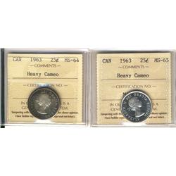 1963 25¢ ICCS MS64 & MS65.  Lot of 2 coins both designated Heavy cameo.