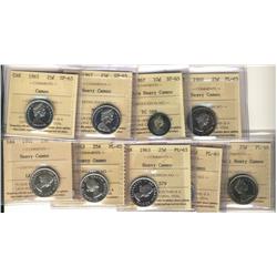 1965 & 1967 25¢ SP65, 1967 10¢ SP65 UHC, 1960 25¢, 1961, 1963(2), 1966 & 1968 Nickel all ICCS PL65. 